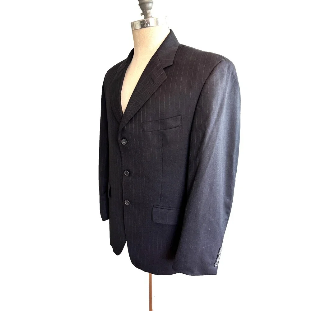Ralph Lauren 40S‎ Short Blazer Navy Blue Pinstripe 3 Button Wool Jacket